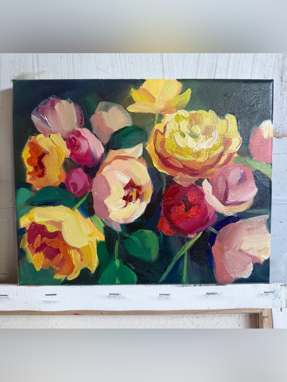 Original Oil Painting Flowers on Canvas 10x8 – «Moonlit Garden»